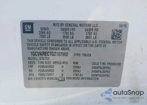 2016 Chevrolet Silverado 1500 2Lt z USA, uszkodzony, nr VIN 1GCVKREC7GZ107902